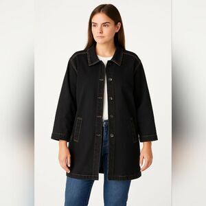 Denim & Co Women Black Denim Button Front Barn Chore Jacket XL Contrast Stitch